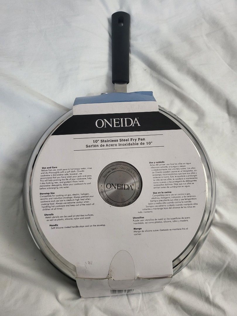 Oneida fry pan (Category: Cookware & Accessories) located in Makati City. Submitted by thedeclutteringabuela (Listing ID 1265341372, Image 3). Description: oneida prine 10" staibless steel fry pan. can be use fr elec stovetops, gas stove, halogen, ceramics and induction. dishwasher safe. new.