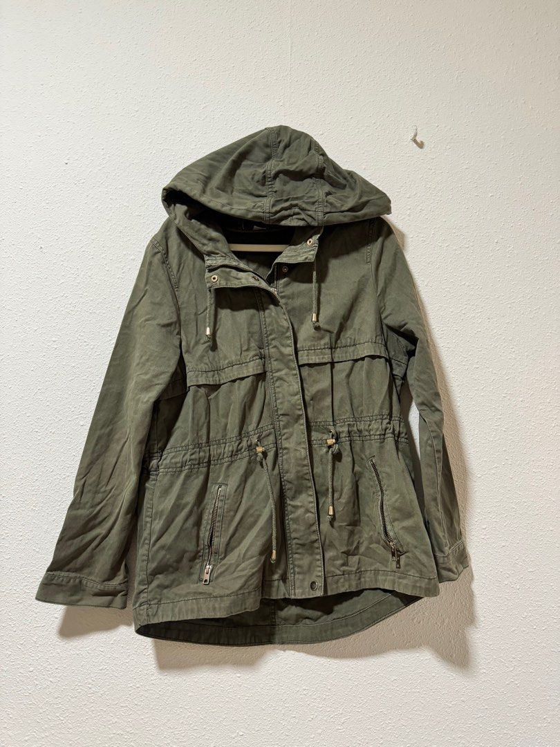 Oversized Army Green Jacket with Gold Zip and Button Details