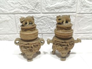 Pair of Old Oriental Resin Censers Incensers Incense Holders 5" Tall with Dragon Design Lids