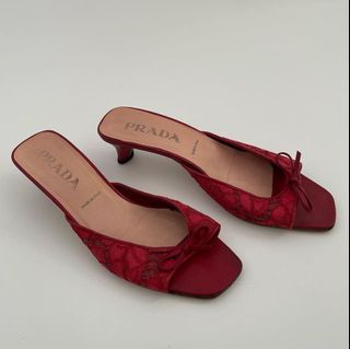 PRADA Red Slip On Open Toe Sandal Kitten Heels with Lace Ribbon Block Heel Mules | Luxury Vintage Designer Formal Party Y2K