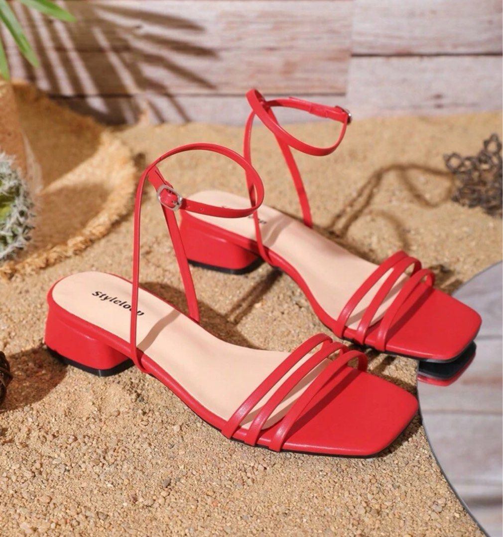 Red strappy low block heel sandles Women s Fashion Footwear