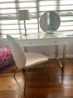 SET OF Preloved Customized white and gold Study Table & Pink vanity chair with gold removeable round mirror stand FREE POTTERY BARN LAMP ALL FIRST USE BRAND NEW CUSTOMIZED SINCE 2020