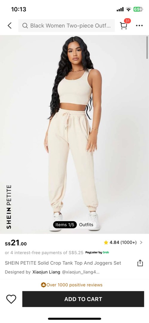 SHEIN PETITE Solid Crop Tank Top And Joggers Set in Beige, Women's