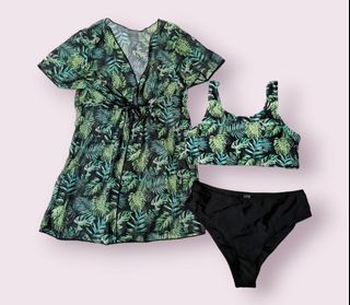 Shein Tropical Print 3Pack Teen  Bikini Swimsuit & Kimono
