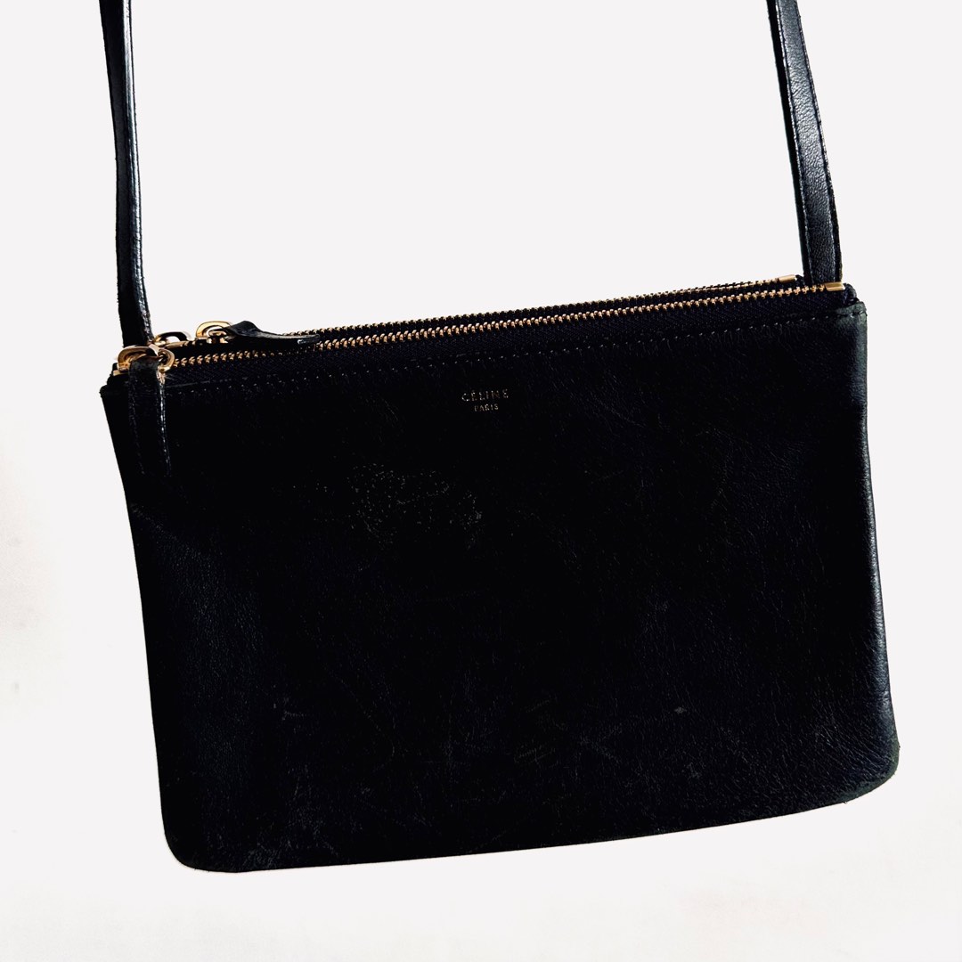STEAL Celine Black GHW Small Trio Monogram Logo Shoulder Sling