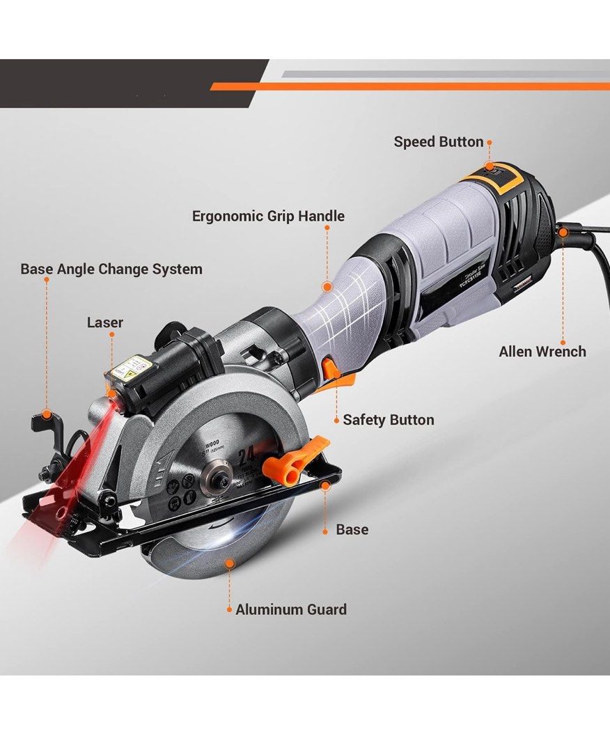 Tacklife Circular Saw with metal handle 6.2A 6 Blades 5 4 1 2 0 45 Angle 6 Speed Laser Guide Electric Circular Saw Powerful Circular Saw for Wood Soft Metal PVC Pipe TCS115E Furniture