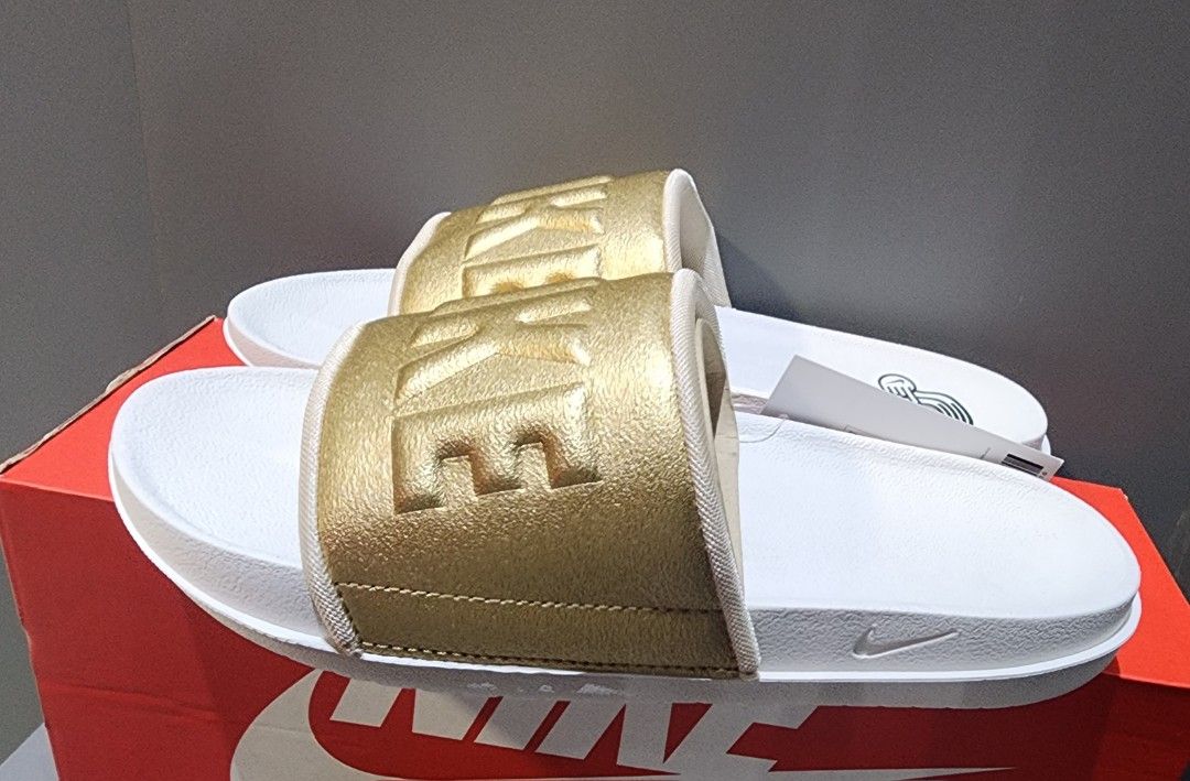 Gold nike top slides womens