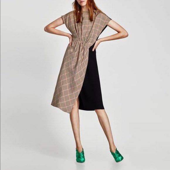 Zara Patchwork Tartan Sherlock Check Midi Plaid Asymmetric Dress