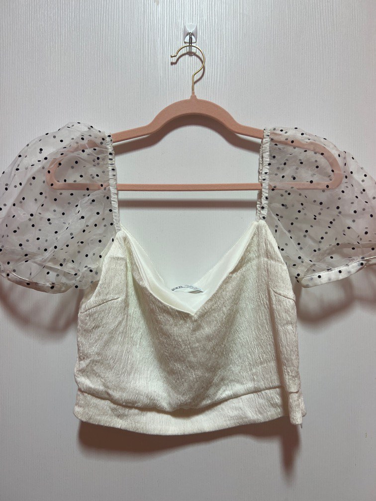 Zara white top with polka dot sleeves hot sale