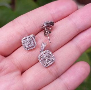 18k Whitegold Emerald Cut Diamond Earrings and Illusion Pendant