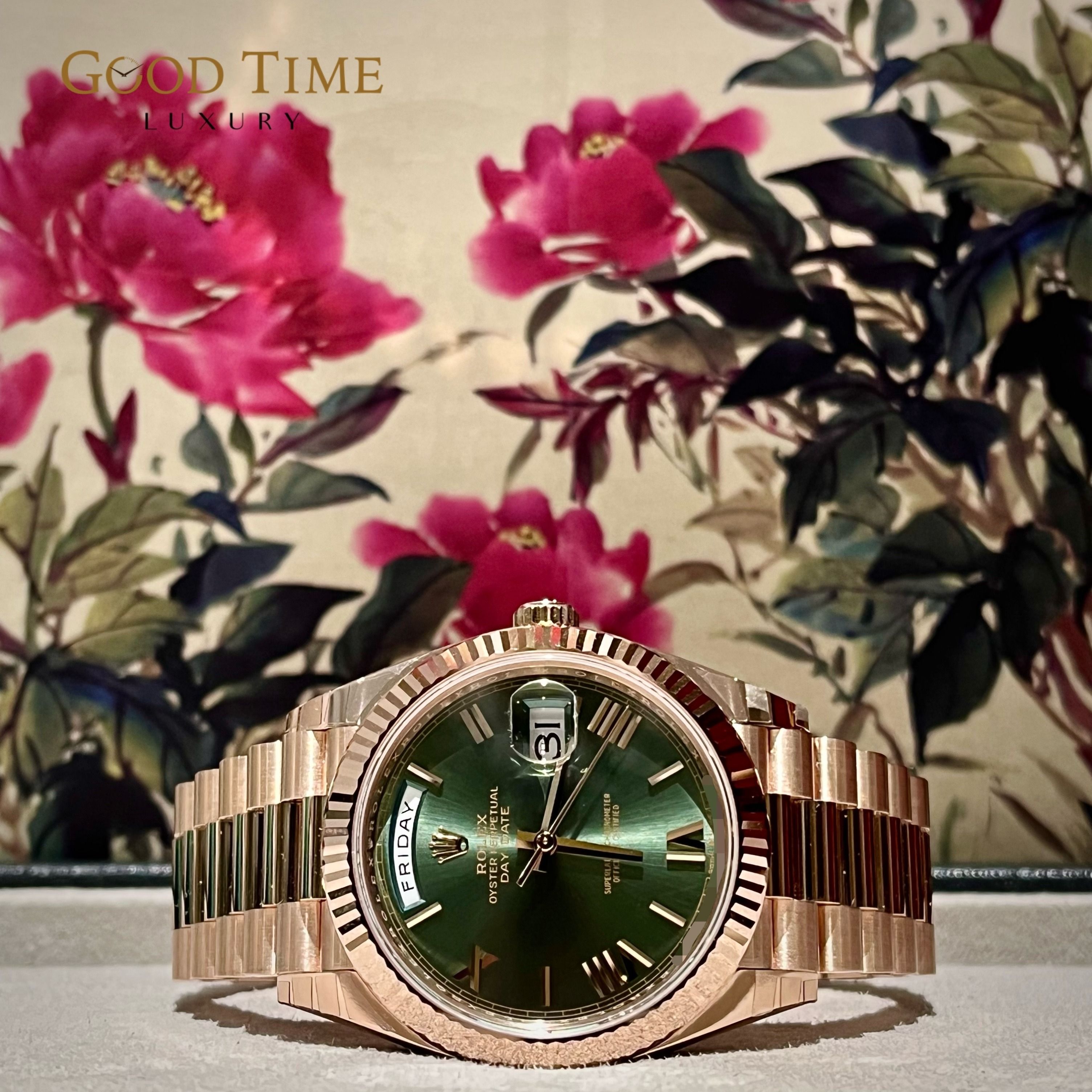 2024 Jan BNIB Rolex Day Date 40 Day Date Green Dial Rose Gold 228235