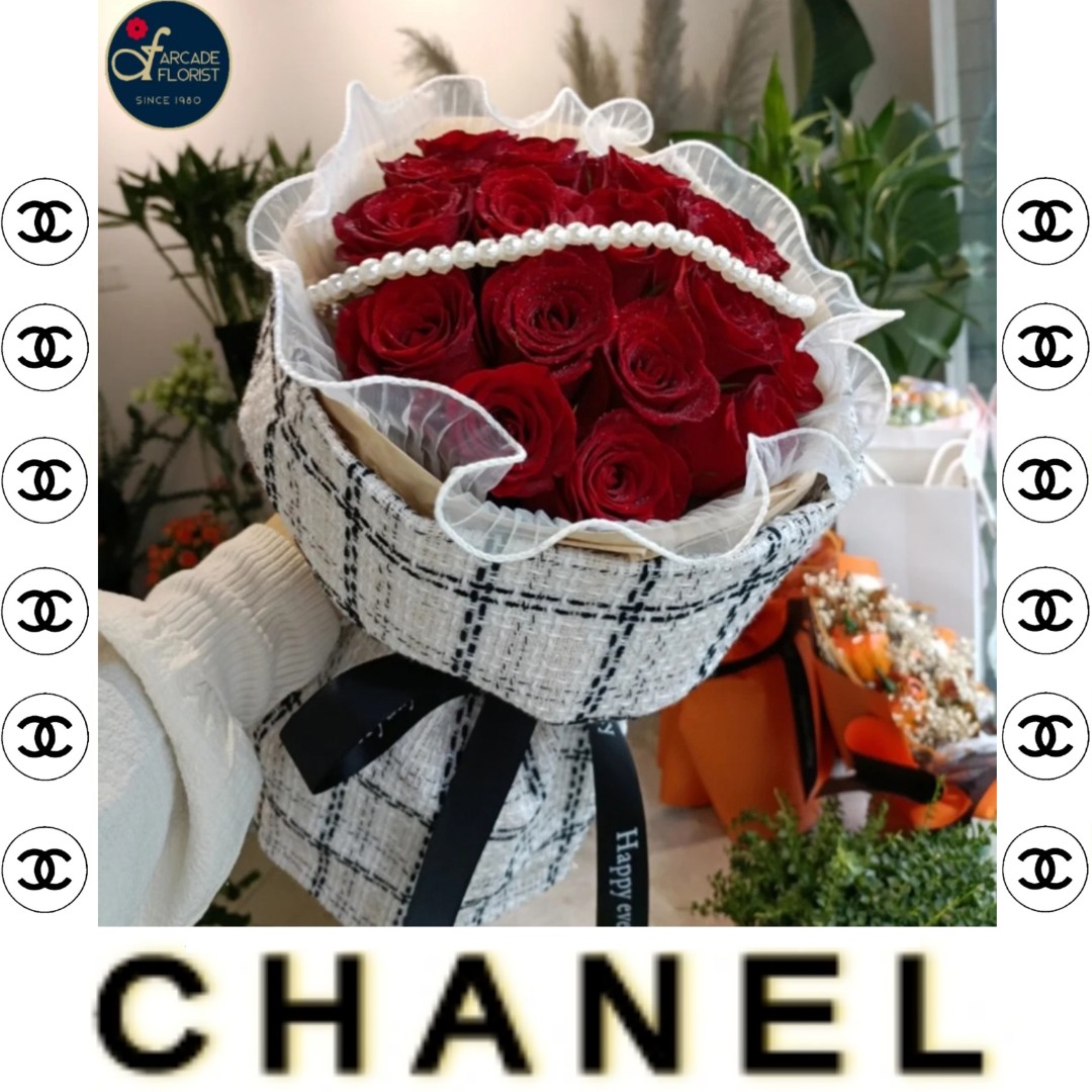 9 Stalks Fresh-Cut Roses🌹with a CHANEL design fabric wrapper + Pearl  Chain (Fresh Flower Bouquet) | Rose Flower | Flower Bouquet | Flower 