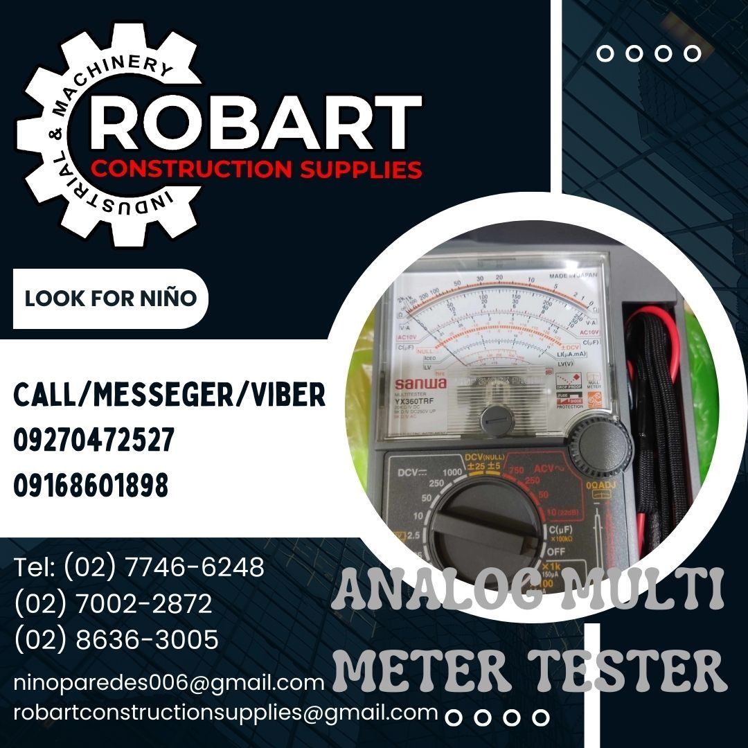 ANALOG MULTI METER TESTER (Category: Construction Tools & Equipment) located in Manila. Submitted by ninoparede24925 (Listing ID 1265636772, Image 1). Description: ANALOG MULTI METER TESTER Model: YX360TRF Brand: Sanwa - - FOR INQUIRES: 𝓟𝓵𝓮𝓪𝓼𝓮 𝓬𝓪𝓵𝓵 :09270472527 09168601898 Look for:Niño Paredes Tel: (02) 7746-6248 (02) 7002-2872 (02) 8636-3005 𝑴𝒂𝒏𝒊𝒍𝒂 𝑶𝒇𝒇𝒊𝒄𝒆: 1405 𝒀𝒖𝒔𝒆𝒄𝒐 𝒔𝒕 𝑺𝒕𝒂 𝑪𝒓𝒖𝒛. 𝑴𝒂𝒏𝒊𝒍𝒂 #RobartConstru