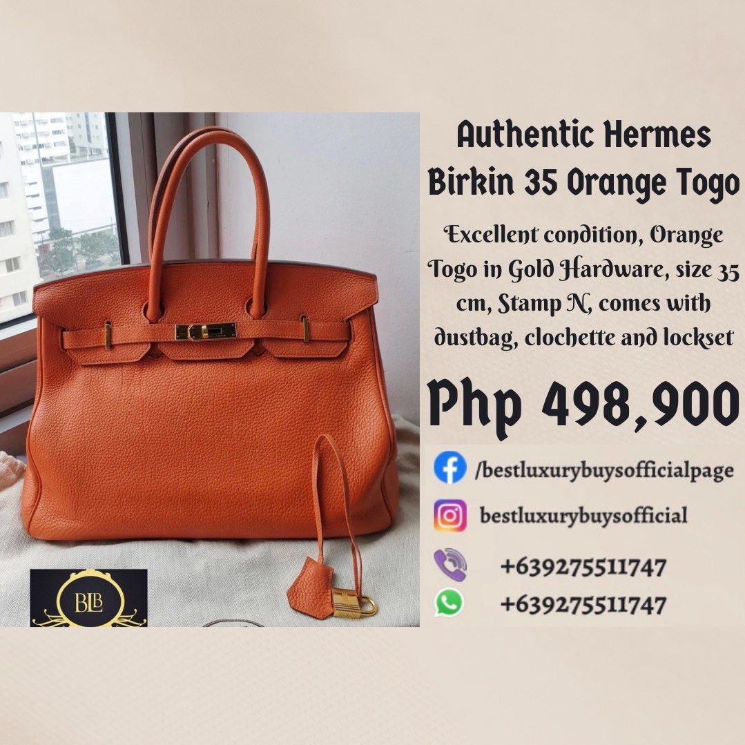 Authentic Hermes Birkin 35 B35 Orange Togo Bag Mens Womens Unisex