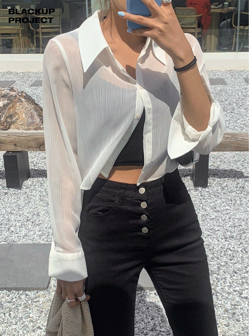 sheer cropped button up
