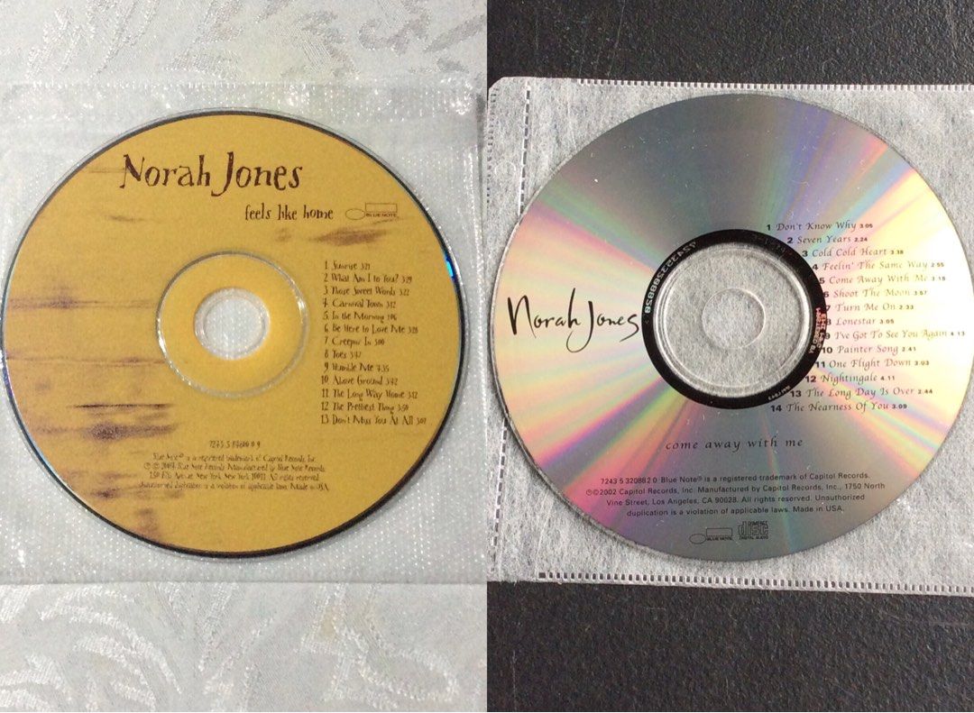 [Bundle] Norah Jones (Category: CDs & DVDs) located in Cavite. Submitted by hellomiming (Listing ID 1265723636, Image 1). Description: (NO CASE, CD ONLY) Norah Jones CDs 🔹Come Away With Me 🔹Feels Like Home ▪️Used. May have minor scratches but working well. ▪️Original CD but NO ORIGINAL CASING. ▪️Was stored in a CD File Album so NO ORIGINAL CASING. CD ONLY. ▪️WILL SHIP IN A CD SLEEVE. FAQs: ✅LAST PRICE POSTED. FIRM ON PRICE POSTED! Please do not