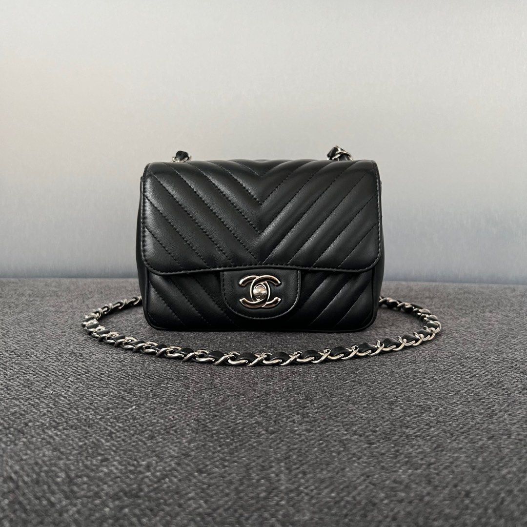 Chanel Mini Square Flap Chevron Lambskin Black / Phw, Luxury, Bags