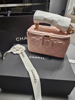 Chanel Pink Small Rattan Vanity Case Silver Hardware, Luxury, Bags