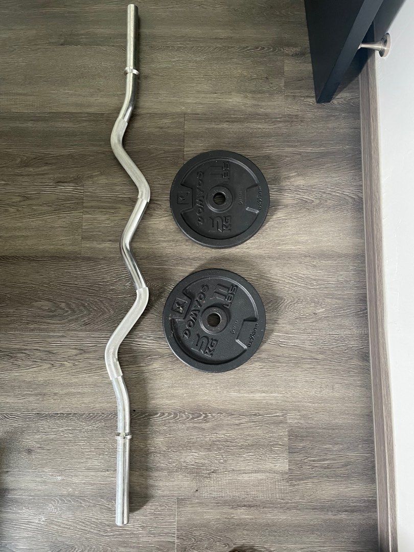 Decathlon dumbell set with rack and ez curl bar, Sports Equipment