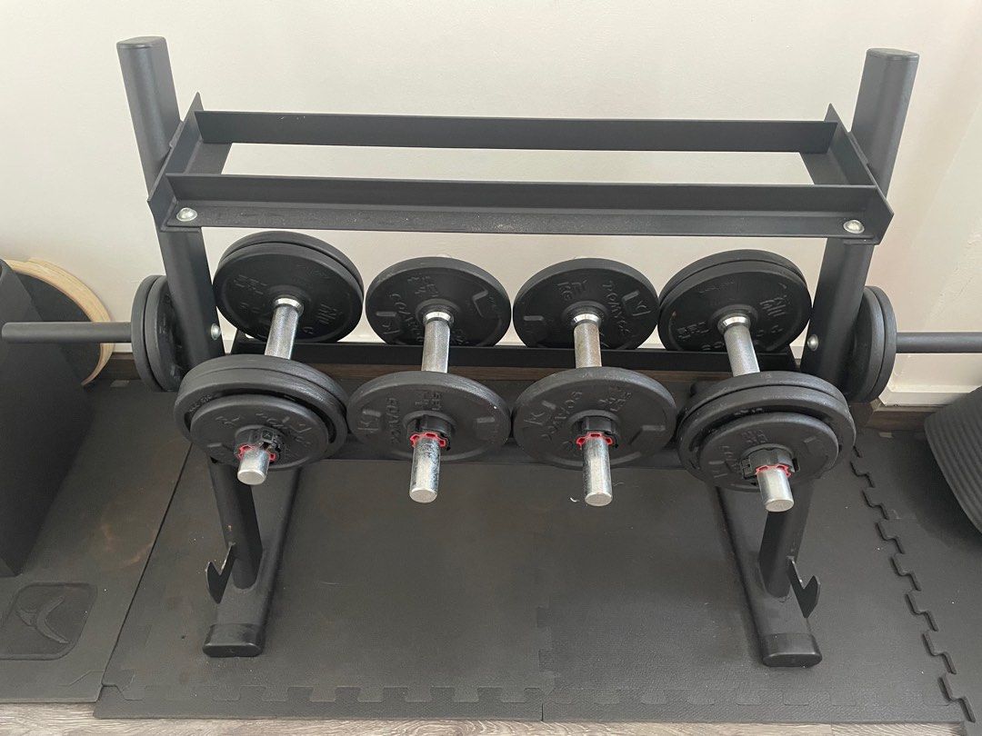 Decathlon dumbell set with rack and ez curl bar, Sports Equipment