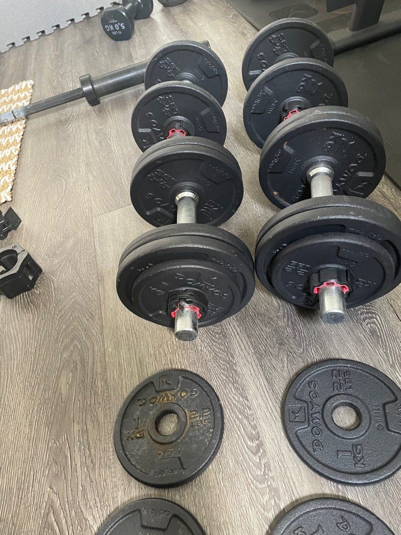 Decathlon dumbell set with rack and ez curl bar, Sports Equipment