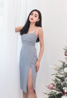 Diana Ruched Button Slit Midi Dress in Dusty Blue