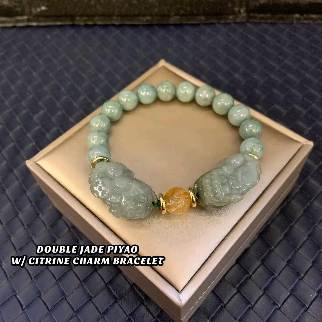 Double jade Piyao with citrine bracelet (Category: Bracelets) located in Manila. Submitted by luckycharmsonlineshopping_ (Listing ID 1265654705, Image 2). Description: 💥 NEW ARRIVAL POST 💞 DOUBLE JADE PIYAO W/ CITRINE CHARM BRACELET 💞 🥀 PI YAO = charm to help you attract great wealth and good Feng Shui in your life. It is also a powerful protector against misfortunes, evil spirits, accidents and most importantly the wrath of the Grand Duke Ju