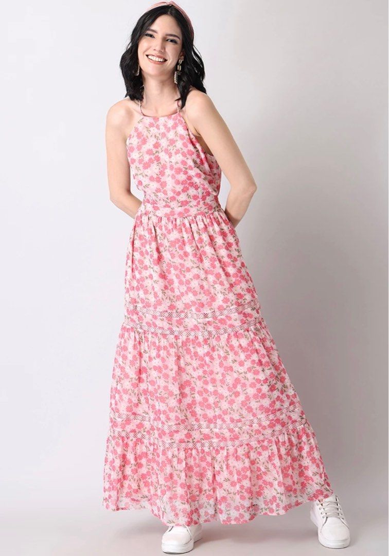FabAlley Women's Rose Pink Floral Frilled Back Cut Out Maxi Dress :  Clothing, Shoes & Jewelry - Amazon.com
