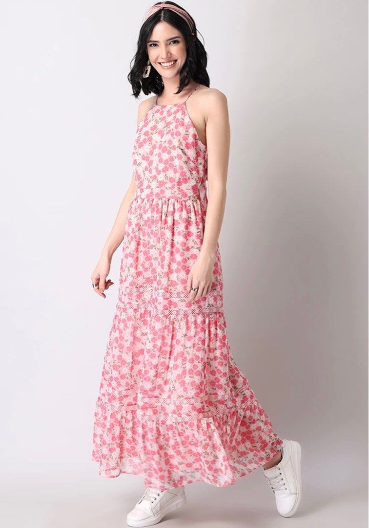 FabAlley Pink Floral Halter Back Tie Maxi Dress Women s Fashion