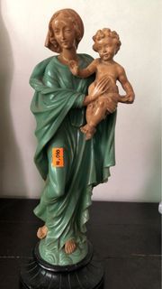 G. Ruggeri Statue Beautiful Bianchi Sculpture of Madonna & Child, Green Alabastrer & Ivory 1920-1930, Italy (H12”)