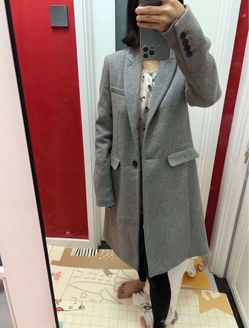 Like New ZARA Trf Grey Fitted Wool Coat Blazer Jacket for Autumn Winter