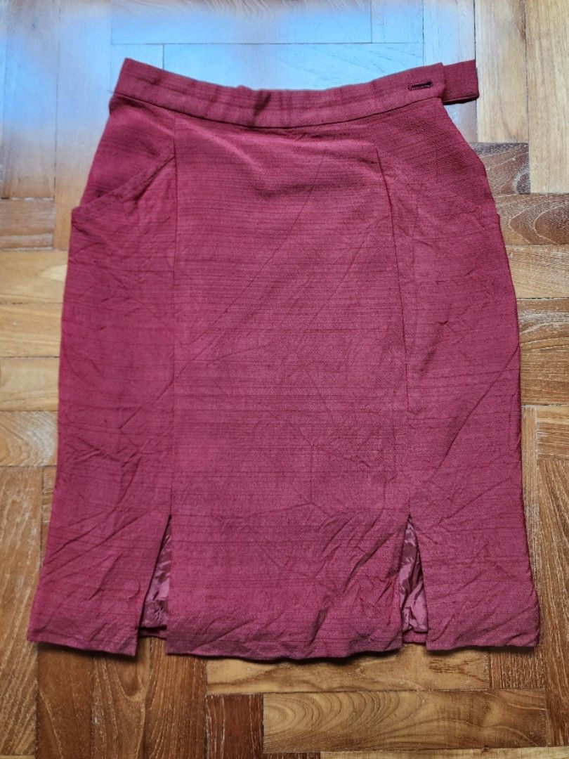 SWIPE FOR TRY ON Maroon knee length tight skirt with slits Women s Fashion Bottoms Skirts on Carousell