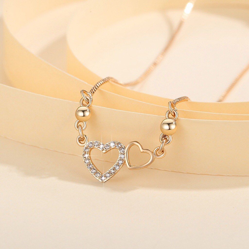 Necklace Minimalist Gold Plated Korean Style Fashion Jewelry 2 Heart Shape Crystal
