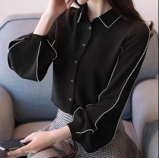 Women Chiffon Long Sleeve Blouse Top Shirt In Black