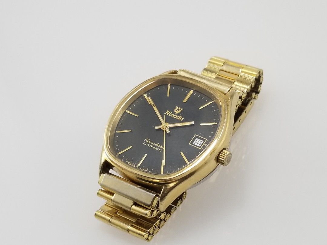 Nivada grenchen Popularis Date automatic Black Matte Gilt Dial gold plated  omega seamaster mido rado seiko