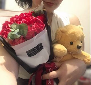 Red Roses Artificial Fake Flowers Lifetime Black Gold Lining Wrap Bouquet and Small Teddy Bear
