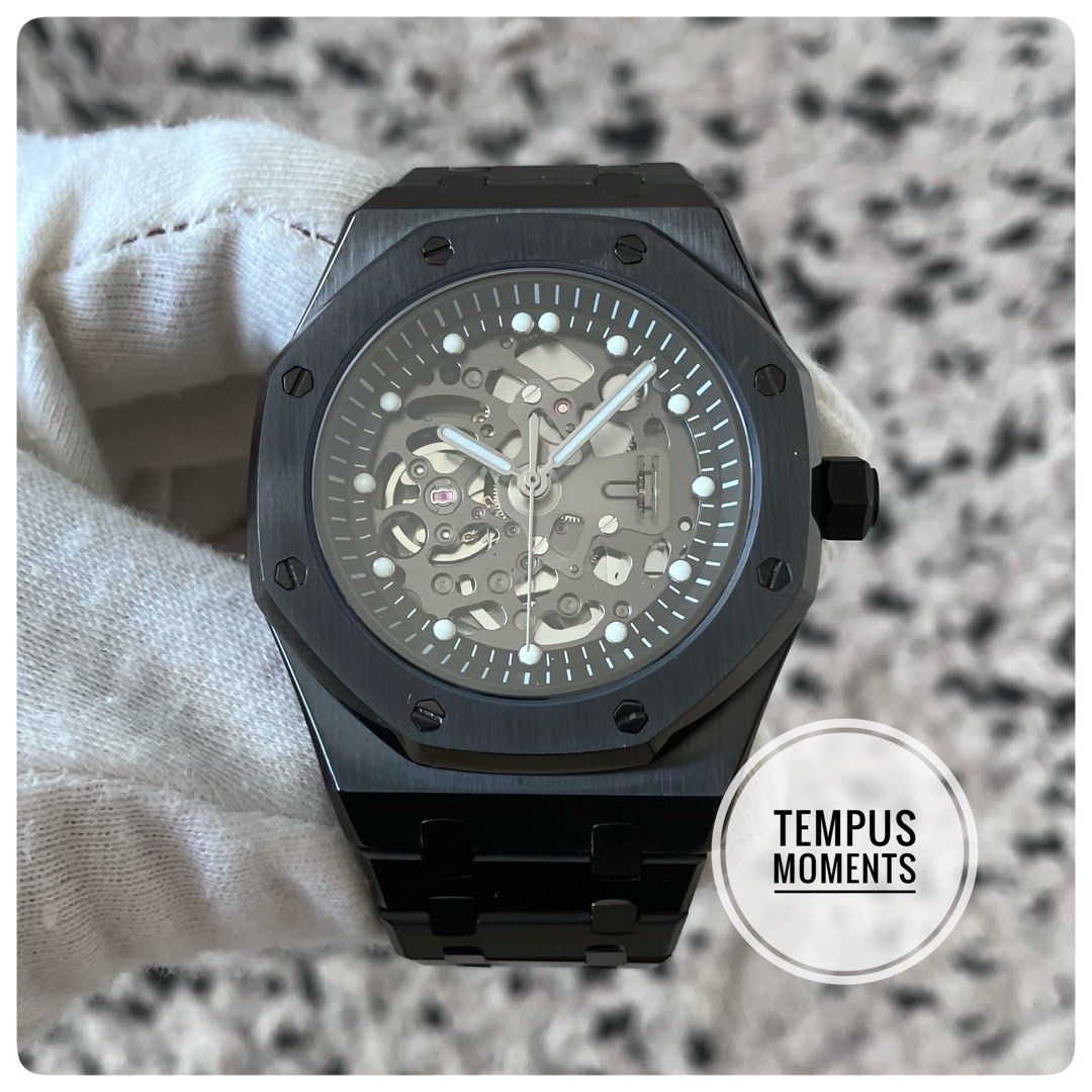 Royal Oak Black Stealth Skeleton custom build watch Seiko mod
