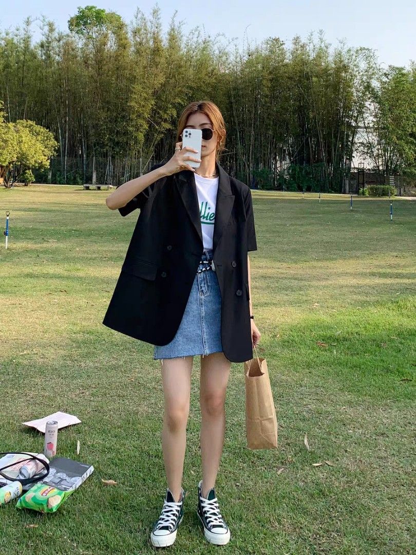 Short Sleeved Black Smart Oversized Double Breasted Blazer Jacket
