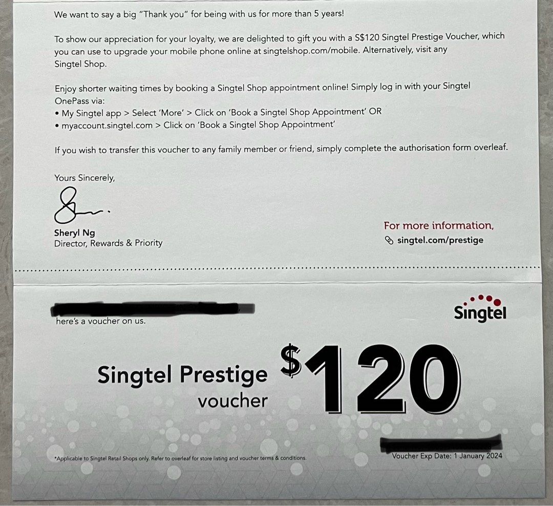 SingTel Prestige Voucher $120, Tickets & Vouchers, Vouchers on Carousell