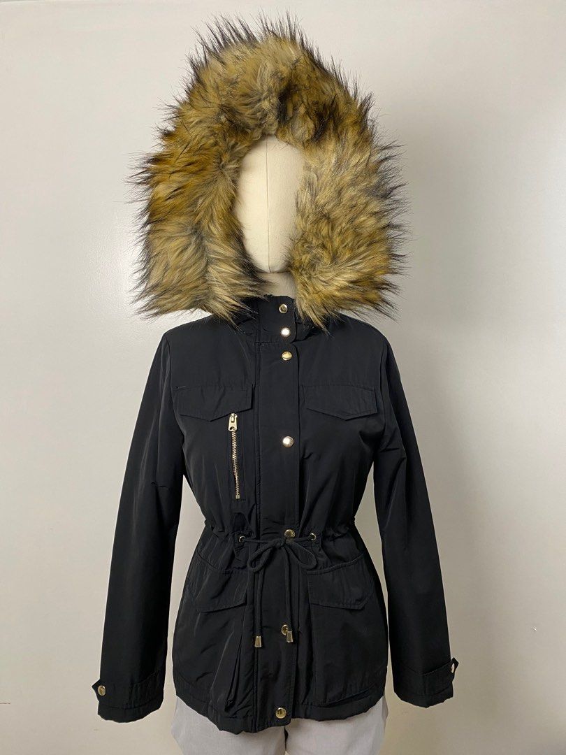 TOPSHOP Black Hooded Coat with Fur