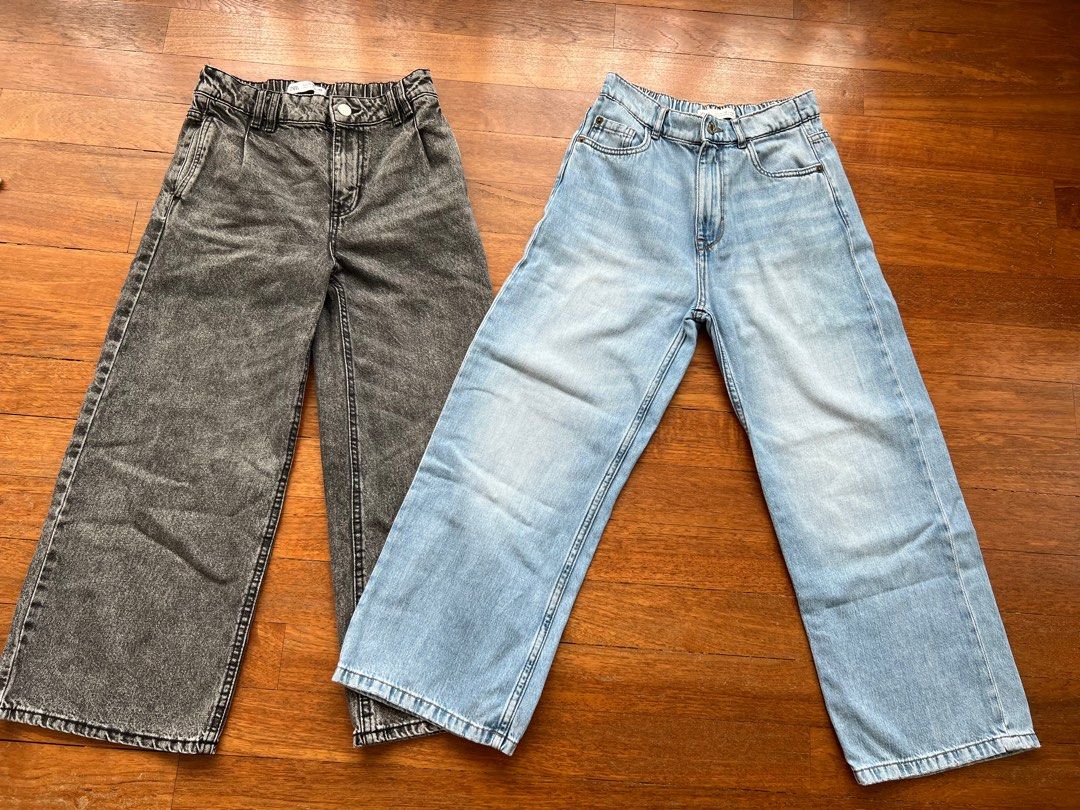 35 for 2 ZARA Girls Blue and Black Denim Extreme Wide leg Cropped Jeans Ages 11 12 yrs