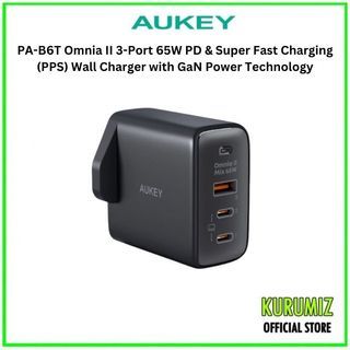 Aukey PA-B6T Omnia II 3-Port 65W PD & Super Fast Charging (PPS) Wall Charger with GaN Power Technology
