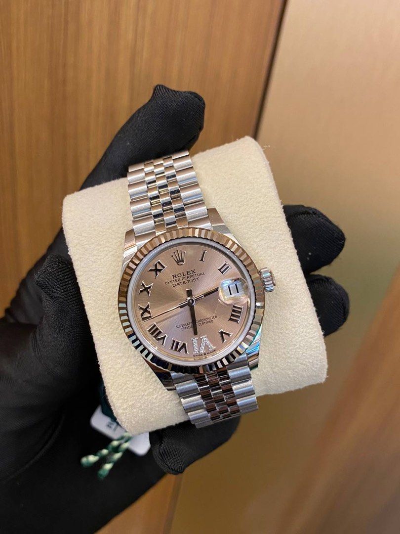 BRAND NEW 2021 ROLEX OYSTER PERPETUAL DATEJUST 31 HALF 750 WHITE GOLD REF 278274 DIAMOND SAKURA PINK DIAL 31MM AUTOMATIC WATCH FULL SET