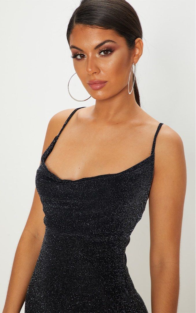 Black textured glitter cowl neck discount bodycon dress
