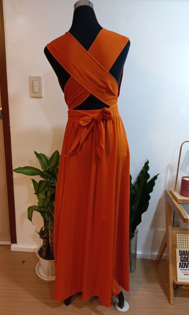 SHEIN Burnt Orange Split Thigh Maxi Dress Cross Back For Wedding Formal ...