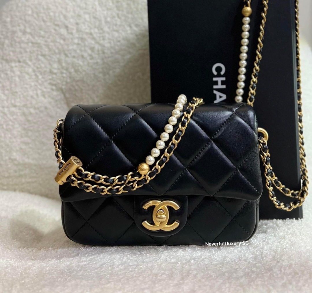 Chanel 21K My Perfect Mini Flap Bag Black Lambskin with Pearl and GHW