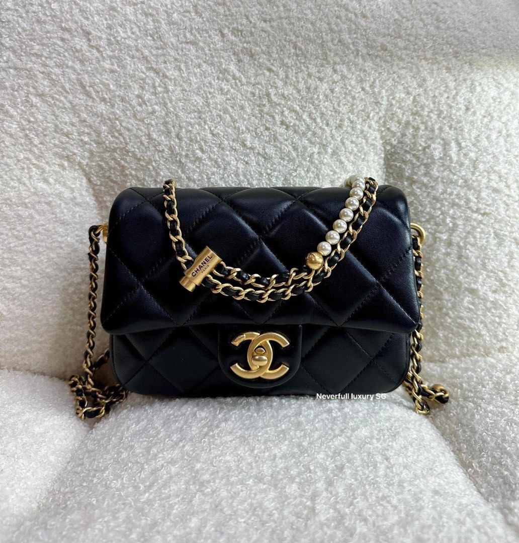 Chanel 21K My Perfect Mini Flap Bag Black Lambskin with Pearl and