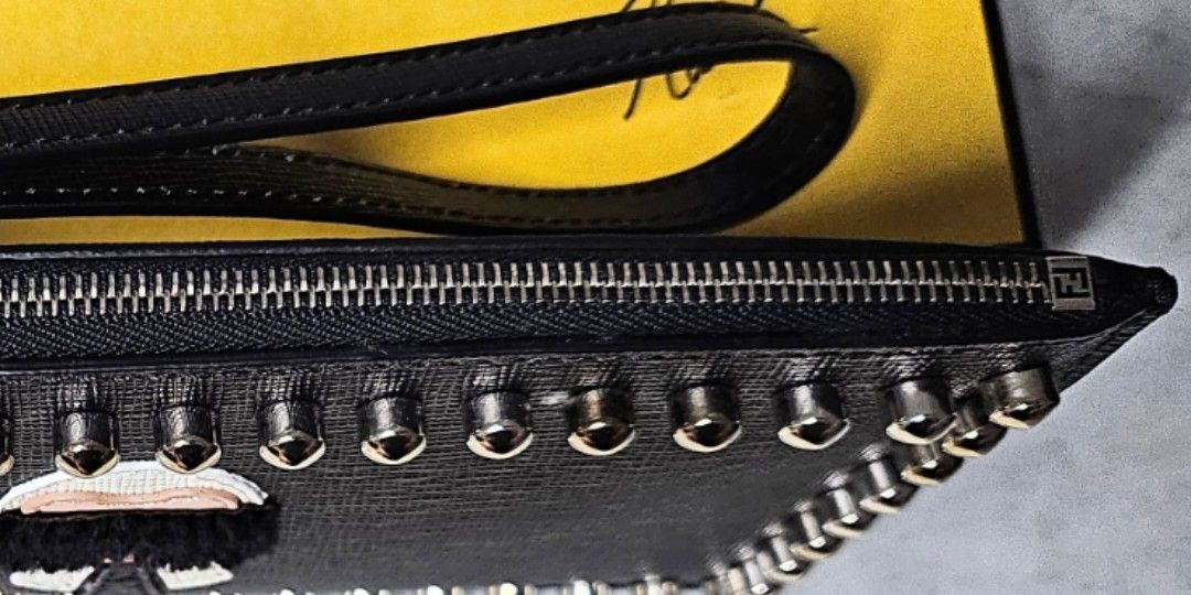 Fendi Karlito Studded Mink Fur Black Calfskin Pouch Karl Lagerfield