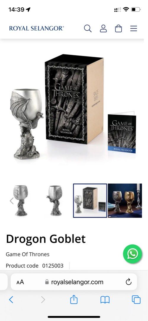 Game of Thrones] Drogon Goblet 擺設/杯, 興趣及遊戲, 收藏品及紀念品