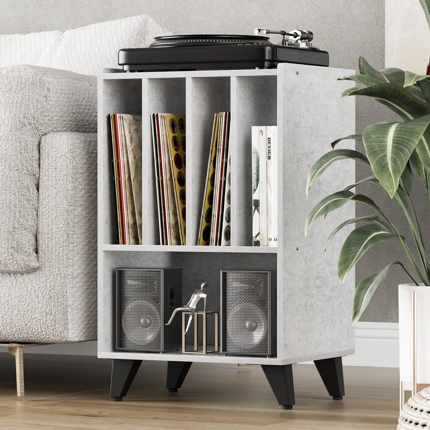 Gannyfer Vinyl Record Storage Table, 3-Tier Record Player Stand with Metal Legs, Cube Turntable Stand Record Holder Up to 150 Albums, Retro Vinyl